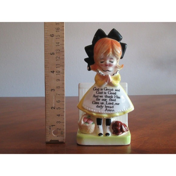 READ* Enesco Kitchen Prayer Girl Yellow Napkin Holder Salt Pepper Toothpick Vtg - Picture 2 of 12